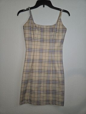French Kiss Beige Plaid Mini Bodycon Dress S 90's Vintage Inspired